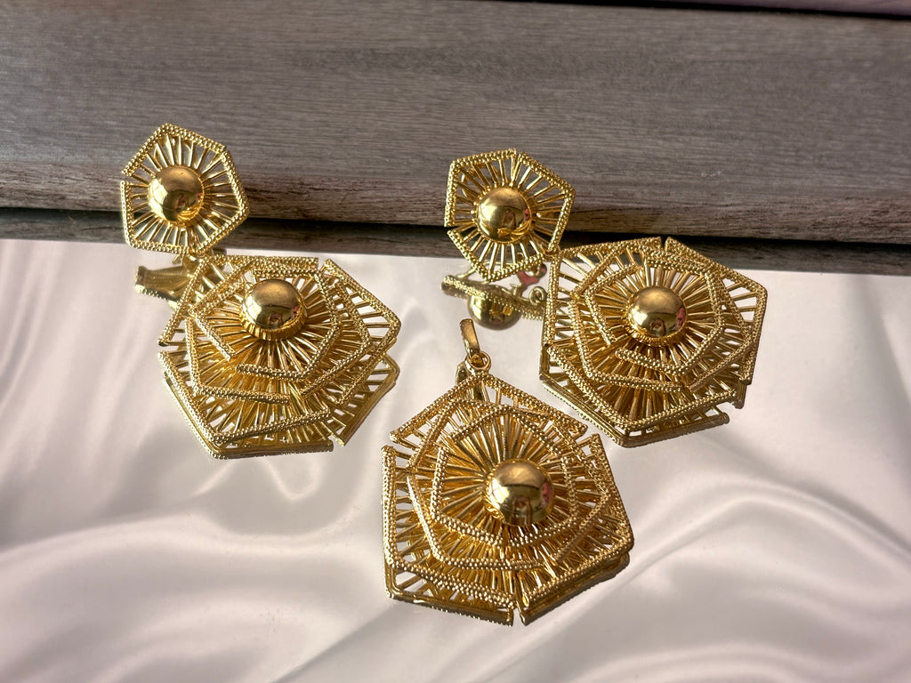 Dual Hexa Drop Earrings and Pendant